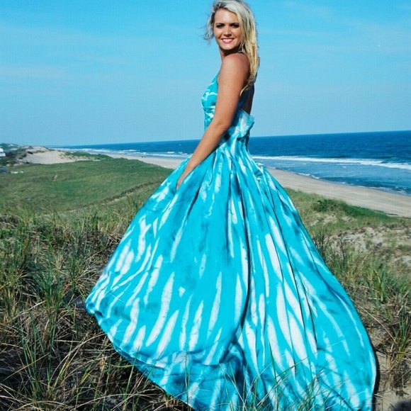 Bohemian Beach Wedding Dress medium large 4 6 8 10 painted dyed blue white beach - Picture 1 of 14